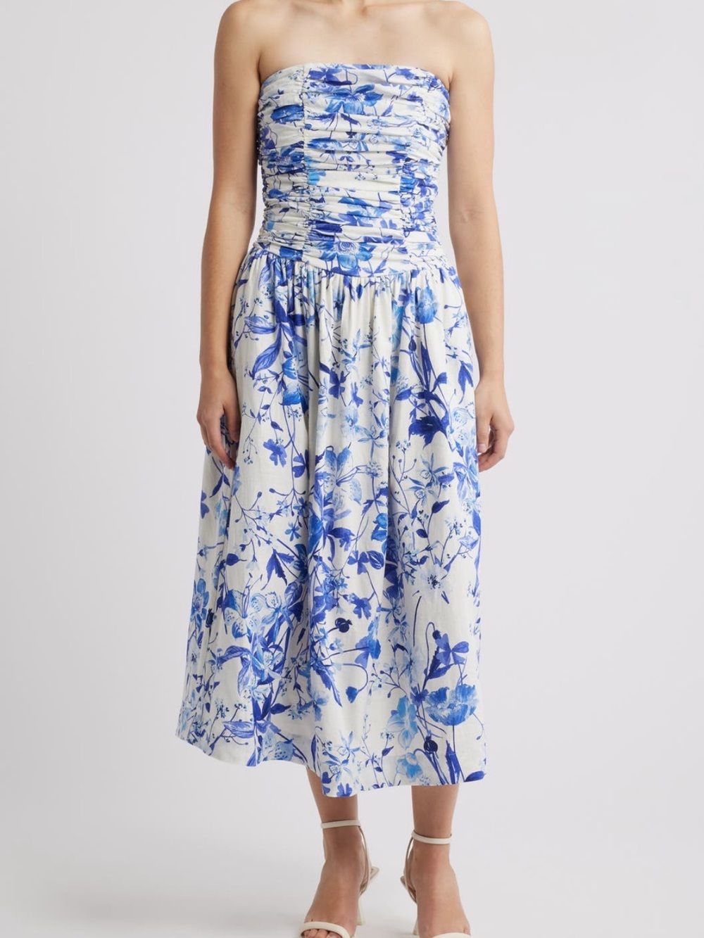 Chelsea 28 Strapless Blue & White Floral Midi Dress